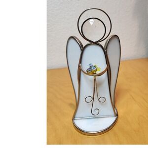 Stained Glass Angel Figurine with Crystal Head & Bead Flowers White‎ Decor